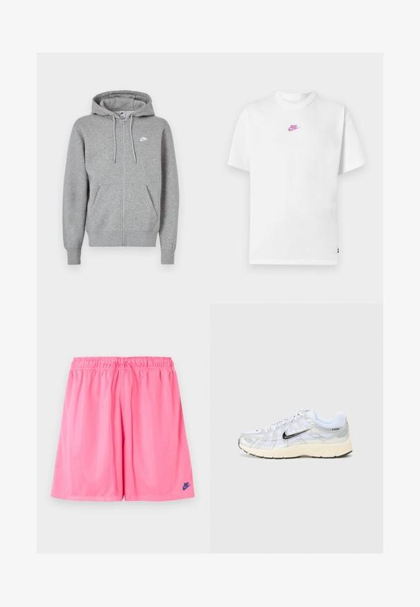 Grauer Kapuzenpullover mit Reißverschluss aus weichem Stoff. Verfügt über eine Kapuze mit Kordelzug, zwei Fronttaschen und ein kleines weißes Logo auf der Brust.; Weißes Nike-T-Shirt mit kurzen Ärmeln, kleinem pinkfarbenem Logo in der Mitte der Brust und Rundhalsausschnitt.; Rosa kurze Sporthose mit elastischem Bund und kleinem dunkelblauem Nike-Logo am unteren linken Bein.; Weiße Netzsneakers mit silbernen Akzenten, schwarzem Nike-Swoosh, gepolstertem Kragen und strukturiertem Sohlen. Sie weisen ein geschichtetes Design für Stabilität auf.