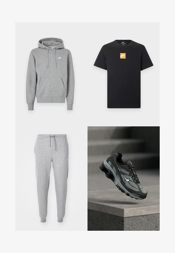 Hall hallikangast lukuga dressipluus. Sellel on nööriga kapuuts, kaks esitaskut ja väike valge logo rinnal.; Must lühikeste varrukatega Nike T-särk, millel on väike oranž ruudukujuline logo ja valge Nike kaar rinnaku keskel.; Halli hallid spordipüksid, millel on reguleeritav pael vöökohal, kitsenevad sääred ja küljetaskud. Ülasäärel on väike valge logo.; Hall ja musta sportlik toss, millel on võrkmaterjalist paneelid ja paks tald, paigutatud õhus betoonist äärekivi ja treppide kohal taustal.