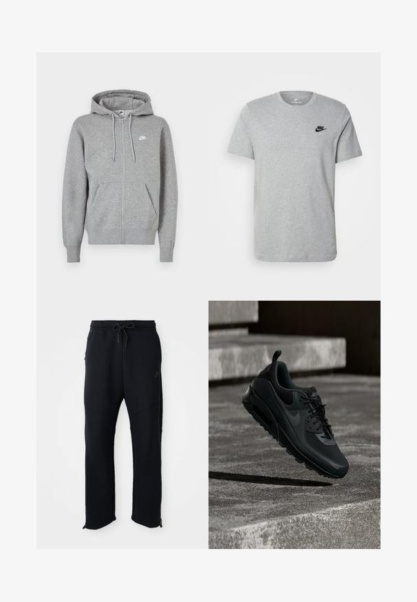 Hall hallikangast lukuga dressipluus. Sellel on nööriga kapuuts, kaks esitaskut ja väike valge logo rinnal.; Halli lühikeste varrukatega T-särk, mis on valmistatud puuvillast ja millel on rinnal must Nike'i logo ning ümar kaelus. Minimalistlik disain, ilma mustriteta.; Mustad mustaräätsed paelaga ja elastse vööga, küljetaskud, kitsenevad sääred ja tõmblukud pahkluude juures. Sile tekstuur.; Must Nike Air Max toss paigas, hõljub tekstuurse betoonpõranda kohal, taga on betoonist trepid.