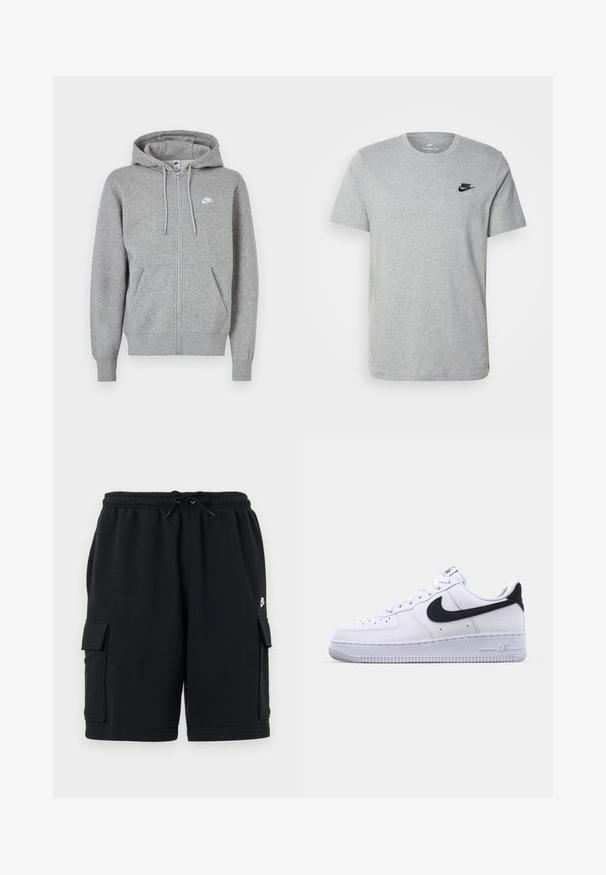 Siva jopa z zadrgo iz mehkega blaga. Ima kapuco z vrvico, dva sprednja žepa in majhen bel logotip na prsih.; Siv majica s kratkimi rokavi iz bombaža, ki ima črni Nike logotip na prsih in okroglo ovratnico. Minimalističen dizajn brez vzorcev.; Črne bombažne cargo kratke hlače z elastiko v pasu in zavezovanjem, z dvema stranskima žepoma in majhno logotipno podrobnostjo.; Bela usnjena tene s teksturiranim črnim Swooshom, ravnimi vezalkami in gumijastim podplatom z rebrastim vzorcem. Na peti je embosirano "AIR".