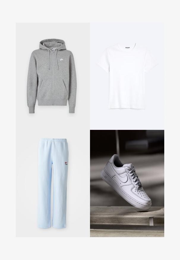 Grå hoodie med lynlås, lavet af blødt stof. Har snøre i hætten, to forlommer og en lille hvid logo på brystet.; Enkelt hvid T-shirt med korte ærmer og rund hals med synligt WEEKDAY-mærke i kraven, vist på en lys baggrund.; Lysblå joggebukser med elastisk talje, prydet med et lille rødt Nike-logo og teksten "Athletic Department". Blødt bomuldsstof.; Hvid læder Nike Air Force 1 sneaker med perforeret tå, flade snørebånd og tekstureret gummisål med "AIR" branding på siden.