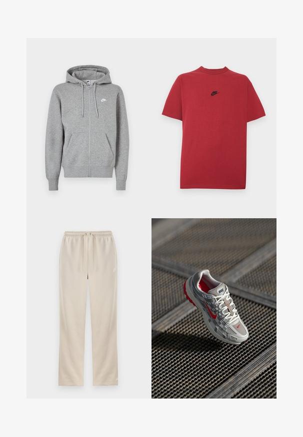 Grijze hoodie met ritssluiting, gemaakt van zachte stof. Voorzien van een capuchon met trekkoord, twee zakken aan de voorkant en een klein wit logo op de borst.; Rood katoenen T-shirt met een zwart Nike-logo op de borst, korte mouwen, een ronde halslijn en een normale pasvorm. Gladde textuur.; Beige Nike trainingsbroek met elastische tailleband, trekkoord, rechte pijpen en klein wit swoosh-logo op linker dij.; Nike hardloopschoen met een grijze mesh bovenkant, rode accenten en een gestructureerde witte zool. Veters zijn wit met zilveren hardware om aan te spannen.