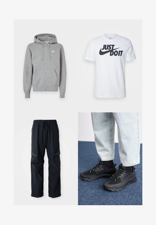 Grauer Kapuzenpullover mit Reißverschluss aus weichem Stoff. Verfügt über eine Kapuze mit Kordelzug, zwei Fronttaschen und ein kleines weißes Logo auf der Brust.; Weißes Baumwoll-T-Shirt mit einem auffälligen schwarzen "Just Do It"-Logo und Nike-Swoosh. Klassisches Rundhalsausschnitt-Design mit kurzen Ärmeln.; Schwarze Freizeitpants mit elastischem Bund, Kordelzug und mit Reißverschlüssen versehenen Taschen auf weißem Hintergrund.; Schwarze Sportschuhe aus strukturiertem Stoff mit Gummisohlen, ausgestattet mit elastischen Schnürsenkeln und einem blauen Akzent an der Ferse. Getragen mit hellen Jeans.
