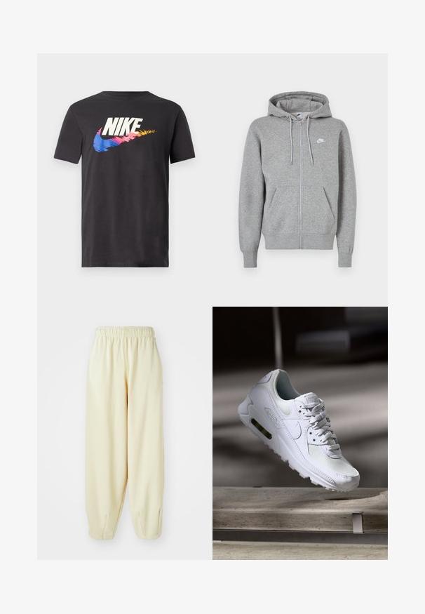 Šedá mikina na zips vyrobená z mäkkej látky. Má kapucňu so šnúrkou, dve predné vrecká a malú bielu logo na hrudi.; Čierne bavlnené tričko s veľkým bielym logom "Nike" a farebným gradientným dizajnom swoosh v modrej, ružovej a žltej farbe. Okrúhly výstrih, krátke rukávy.; Krémové teplákové nohavice s elastickým pásom, zúženými nohavicami a voľným strihom. Vyrobené z mäkkej, ľahkej látky.; Biele tenisky Nike Air Max 90 s vrchnou časťou z kože a sieťoviny, perforovanou špičkou a viditeľnou vzduchovou jednotkou v päte.
