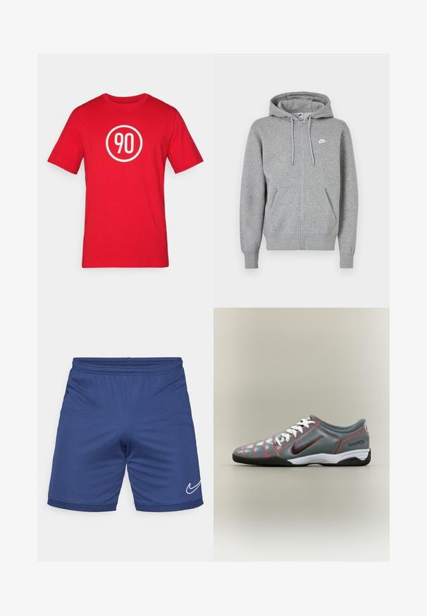 Sweat à capuche gris avec fermeture éclair, en tissu doux. Comprend une capuche avec cordon de serrage, deux poches avant et un petit logo blanc sur la poitrine.; T-shirt en coton rouge avec un graphique circulaire blanc portant le numéro "90" au centre. Encolure classique et manches courtes.; Shorts de sport bleu en matériau léger. Dotés d'une taille élastique et du logo Nike en blanc sur le bas.; Chaussure de football en salle Nike Total 90 III grise avec lacets blancs, semelle noire, coutures rouges et logo swoosh noir sur le côté.