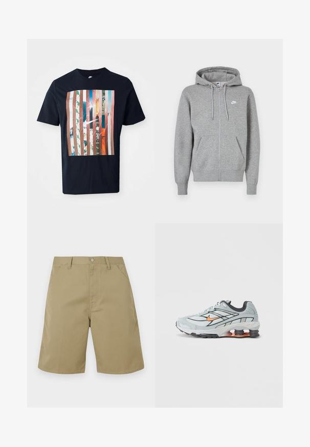 Sudadera con capucha gris con cremallera, confeccionada en tela suave. Cuenta con una capucha con cordón, dos bolsillos delanteros y un pequeño logo blanco en el pecho.; Camiseta navy con un diseño gráfico que presenta rayas verticales en varios tonos, incorporando imágenes urbanas y un logo de Nike.; Pantalones cortos beige hechos de tela con una textura suave, con frente plano, trabillas para cinturón y bolsillos laterales; diseño de pierna de corte recto.; Zapatilla de correr gris claro con detalles en negro, logo naranja, parte superior de malla, collar acolchado y suela de goma con unidades visibles de absorción de impactos.