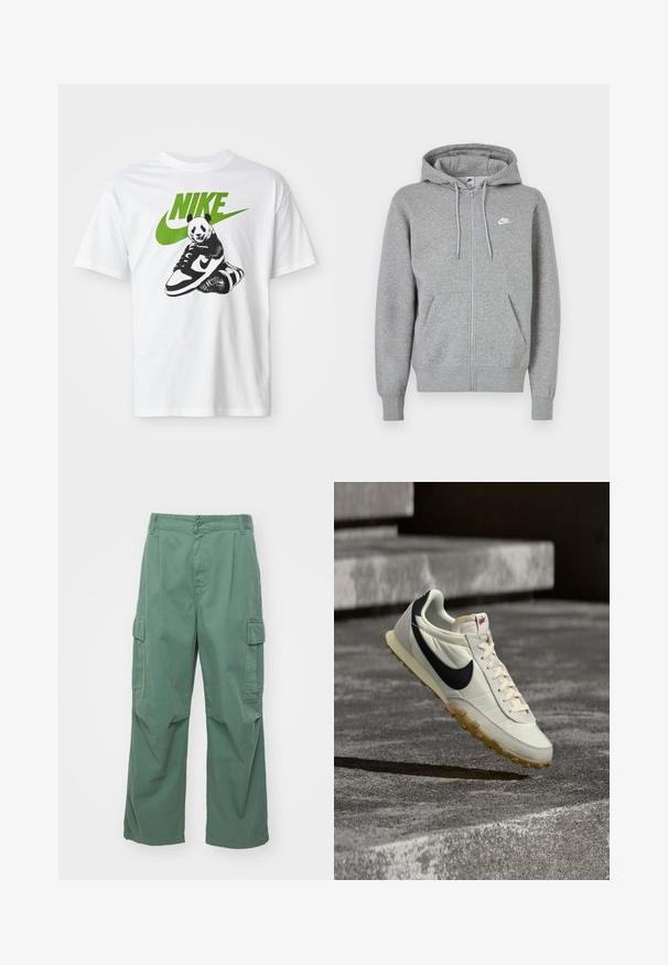 Grauer Kapuzenpullover mit Reißverschluss aus weichem Stoff. Verfügt über eine Kapuze mit Kordelzug, zwei Fronttaschen und ein kleines weißes Logo auf der Brust.; Weißes Baumwoll-T-Shirt mit einem schwarz-weißen Panda-Graphic, der einen Nike-Sneaker hält, mit einem grünen Nike-Logo darüber.; Grüne Cargo-Hosen aus Baumwolle, mit lockerer Passform, weitem Bein und seitlichen Taschen. Der Stoff hat eine glatte Textur ohne Muster.; Weißer und schwarzer Nike-Sneaker mit Kautschuksohle, über Betontreppen schwebend, beleuchtet von natürlichem Sonnenlicht.