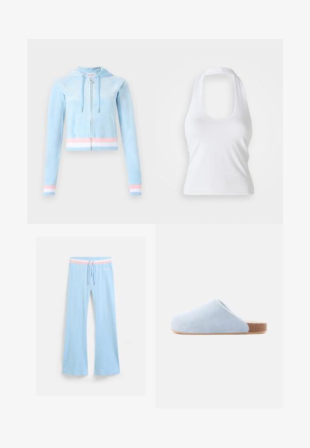 Klippekortet zip hoodie i lyseblå velour, med pastellpink og hvide stribede detaljer på manchetterne og kanten, samt hætte med snor.; Hvid halterneck top med scoop-udskæring, lavet af glat, strækbart stof. Har et minimalistisk design uden dekorative elementer eller mønstre.; Lyseblå, flagrende sweatpants med snor i taljen. Har en pink og hvid stribet accent samt broderet logo. Blød stoftekstur.; Lyseblå ruskind slip-on sko med rundet tå, blød tekstur og mellemsål i kork for ekstra komfort og støtte.