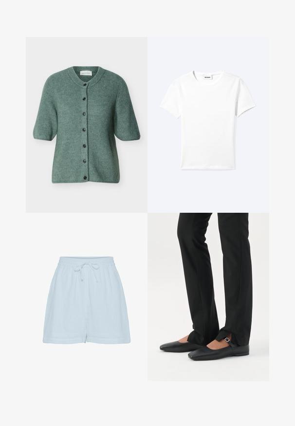 Groen gebreid kortermig vest met een ronde hals en zeven zwarte knopen aan de voorkant.; Effen wit T-shirt met korte mouwen en ronde hals met een klein "WEEKDAY" label aan de binnenkant van de hals, plat neergelegd op een lichte achtergrond.; Lichtblauwe katoenen shorts met een relaxte pasvorm, elastische tailleband en verstelbaar trekkoord. Beschikt over een zachte, gestructureerde stof en zijnaad.; Benen met zwarte smalle broek met voorsplitten aan de zoom, gecombineerd met zwarte platte Mary Jane-schoenen met een klein gespje.