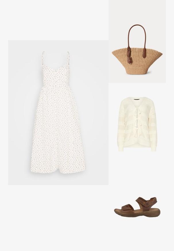 Lichtgewicht, crèmekleurige gebreide cardigan met een V-hals, open voorkant, trekkoordsluiting en een textuurpatroon door de hele stof.; Madewell ALEXA RUFFLE BODICE BUTTON DOWN MIDI DRESS PRINT - Blousejurk - lighthouse; Bruine leren sandalen met een gevoerde binnenzool, twee verstelbare banden en een gestructureerde rubberen zool. Beschikt over zichtbare stikseldetails.; Geweven strooien tote tas met brede waaiervorm en bruine leren handvatten en label, tegen een effen lichte achtergrond.