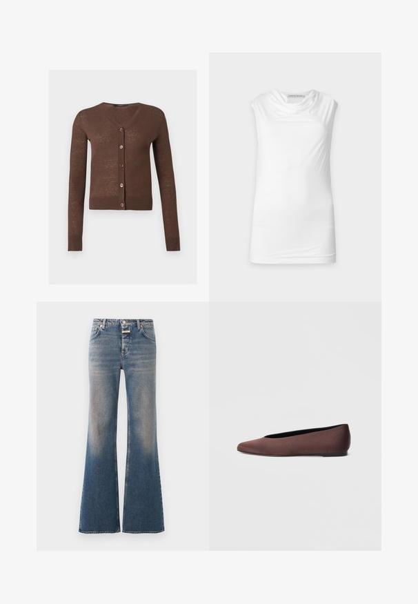 Cardigan marron à manches longues avec col en V, cinq boutons sur le devant et poignets et ourlet côtelés.; Haut blanc sans manches avec encolure drapée, en tissu lisse, étiqueté Tiger of Sweden sur fond uni.; Jean en denim bleu délavé avec une taille haute, style classique cinq poches, fermeture par boutons et jambes évasées larges.; Ballerines en tissu marron avec un bout pointu et une texture lisse, dotées d'un talon bas et d'une fine semelle noire. Aucune motif ni élément métallique visible.