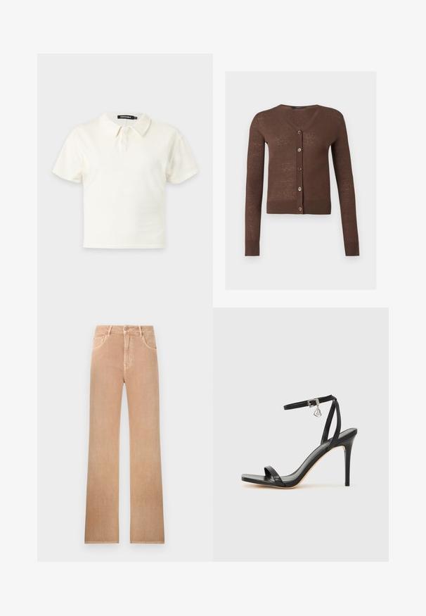 Cardigan marron à manches longues avec col en V, cinq boutons sur le devant et poignets et ourlet côtelés.; Polo blanc à manches courtes avec deux boutons et un col, présenté sur un fond clair uni.; Jean taille haute à jambes droites de couleur marron clair avec bouton frontal, fermeture éclair, passants de ceinture et design à cinq poches.; Sandale à talon haut noire avec une bride étroite à la cheville, bout carré, cuir lisse et accent de boucle métallique.