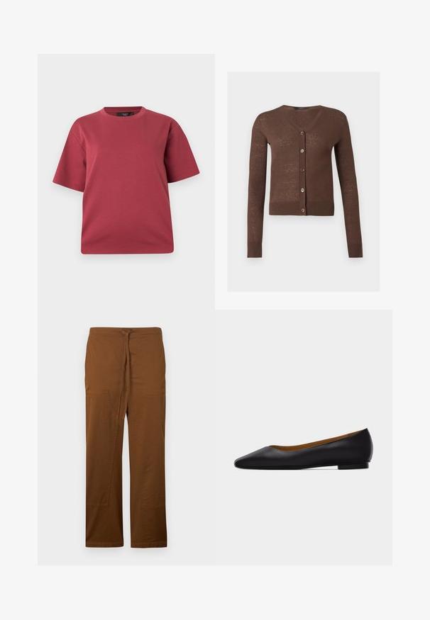 Cardigan marron à manches longues avec col en V, cinq boutons sur le devant et poignets et ourlet côtelés.; T-shirt à manches courtes et col rond couleur rose poudré avec une coupe décontractée, présenté sur un fond blanc uni.; Pantalon marron à jambes larges en coton doux, avec un nœud à l'avant, deux grandes poches plaquées, et une finition lisse sans texture.; Chaussure plate en cuir noir à bout pointu avec talon bas et finition lisse, vue de côté sur un fond gris clair.