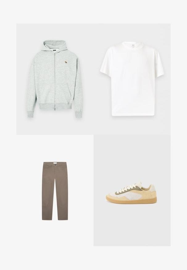 Grå zip-up hoodie lavet af blødt stof, med en frontlynlås og et lille broderet dyrelogo på brystet. Inkluderer hætte og lommer.; Simpel hvid kortærmet T-shirt med rund hals i blødt stof, vist på en ensartet lys grå baggrund.; Brune bukser med lige snit, der har forlommer og accentuerende syninger langs siderne for ekstra detaljer og tekstur.; Lav-top sneaker med beige ruskind, hvide meshpaneler, olivengrønne detaljer, hvide snørebånd og gummisål i karamelfarve på en lysegrå baggrund.