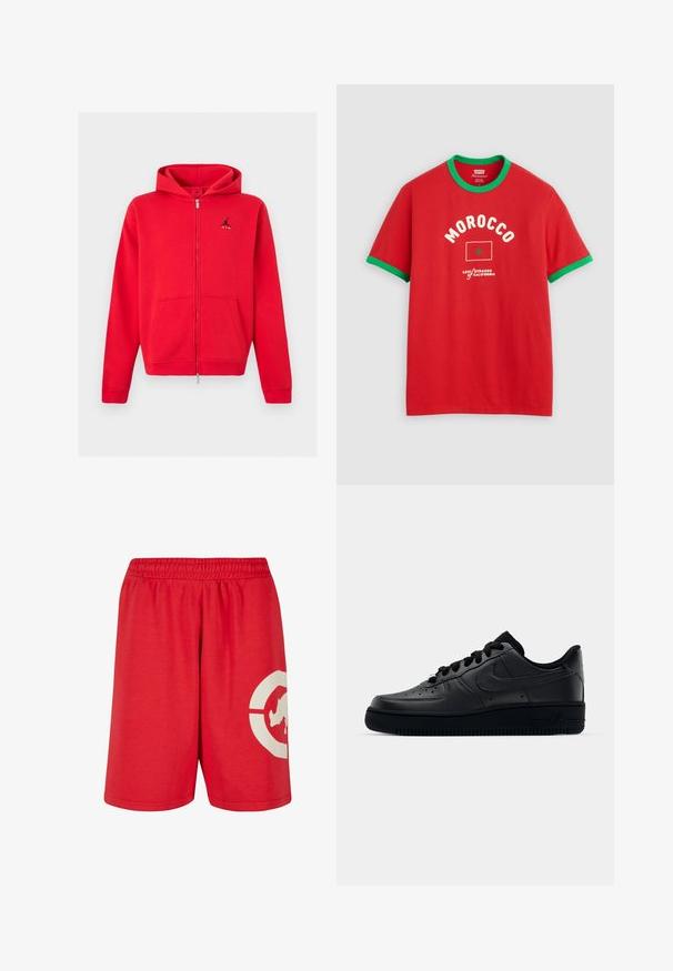 Sweat à capuche rouge zippé intégral avec poches kangourou et logo Jumpman noir avec texte « AIR » sur le côté gauche de la poitrine, présenté sur un fond neutre.; T-shirt rouge à manches courtes avec col et manches verts, texte "MOROCCO", drapeau marocain et logo Levi Strauss California sur le devant.; Shorts rouges à taille élastique avec un grand cercle blanc et un motif silhouette de chien sur le bas de la jambe droite.; Baskets Nike Air Force 1 noires avec un dessus en cuir lisse, bout perforé pour la respirabilité, lacets noirs et semelle en caoutchouc texturé.