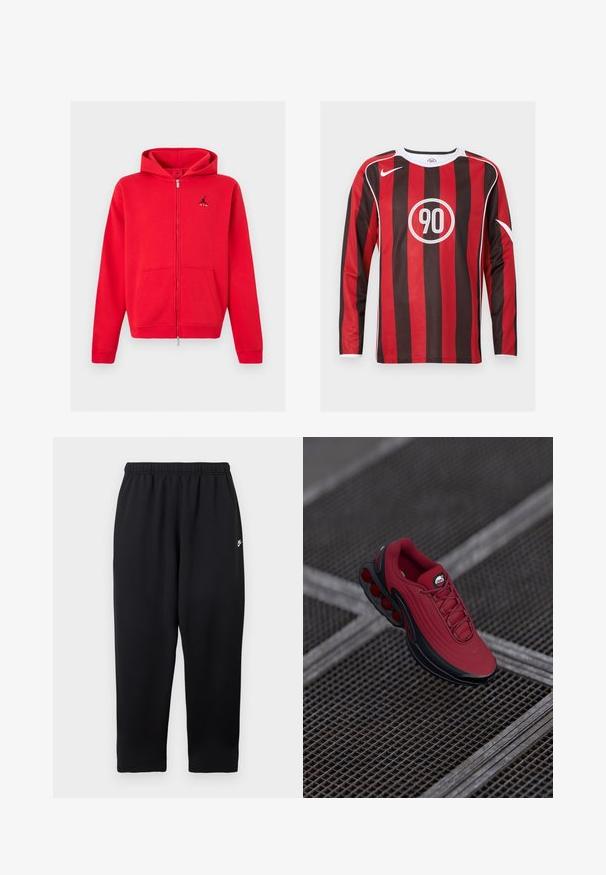 Rød hættetrøje med fuld lynlås med kængurulommer og sort Jumpman-logo med teksten "AIR" på venstre bryst, vist på en neutral baggrund.; Langærmet fodboldtrøje med skiftevis røde og sorte lodrette striber, hvide detaljer, rundt logo med "90" og klassisk rund halsudskæring.; Sorte joggingbukser med elastisk taljebånd, der har et lille hvidt logo på venstre side. Fremstillet af blødt, let stof. Lige ben.; Rød sneakers med en tekstureret overdel, der har sorte accenter og et fremtrædende design med luftcushioning sål. Snørebånd og logo er synlige ovenpå.