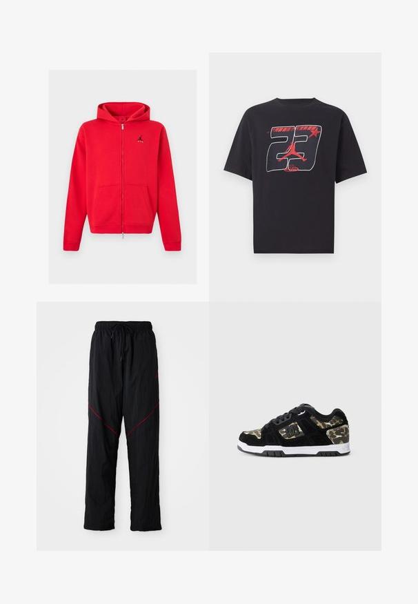 Sudadera con capucha roja con cremallera completa, bolsillos tipo canguro y logo Jumpman negro con texto "AIR" en el pecho izquierdo, mostrada sobre un fondo neutro.; Camiseta negra de manga corta con un gráfico rojo y blanco del número 23, una estrella y una silueta roja de un jugador de baloncesto saltando.; Pantalones deportivos negros con un acabado texturizado, con cintura ajustable con cordón, líneas de acento rojas y un corte holgado.; Zapatilla de ante negra con patrón de camuflaje en el lateral, media suela blanca y suela exterior de goma negra. Presenta cordones y detalle del logo en el lateral.