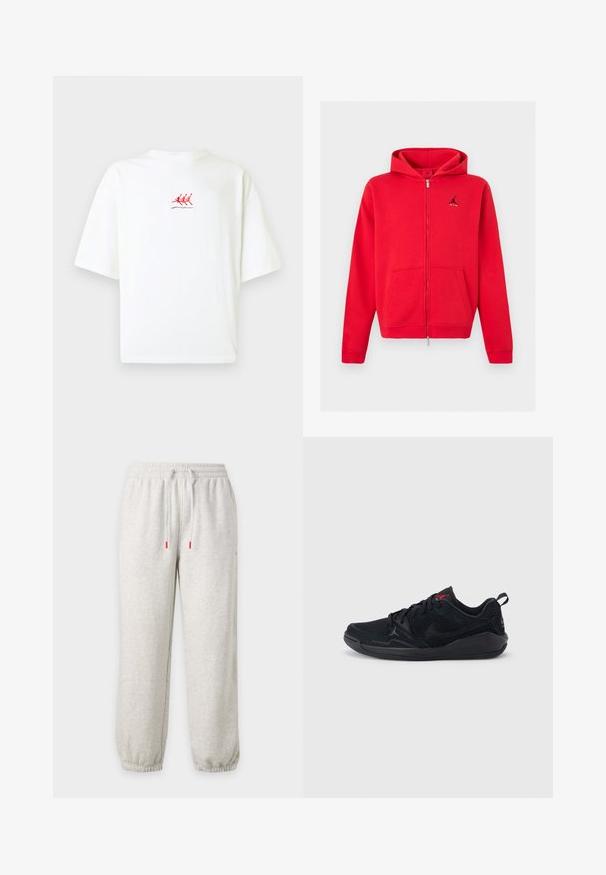 Sweat à capuche rouge zippé intégral avec poches kangourou et logo Jumpman noir avec texte « AIR » sur le côté gauche de la poitrine, présenté sur un fond neutre.; T-shirt en coton blanc à manches courtes, avec un petit motif rouge brodé représentant trois silhouettes en mouvement près du centre.; Pantalon de jogging gris clair avec taille élastique, cordon ajustable avec embouts rouges et poignets élastiques aux chevilles.; Chaussures de sport noires en mesh et suède, avec un design texturé, un système de laçage et un logo accent rouge.