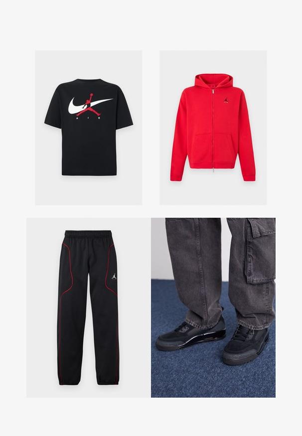 Sweat à capuche rouge zippé intégral avec poches kangourou et logo Jumpman noir avec texte « AIR » sur le côté gauche de la poitrine, présenté sur un fond neutre.; T-shirt en coton noir à col rond, avec un grand logo Nike swoosh blanc et un logo Jumpman rouge accompagné du texte "AIR" en blanc.; Pantalon de sport noir avec passepoil rouge, taille et poignets élastiques, et petit logo blanc Jumpman sur la cuisse droite.; Des chaussures de sport noires avec une surface texturée, des accents lisses et une semelle épaisse, accompagnées de pantalons cargo larges et foncés.