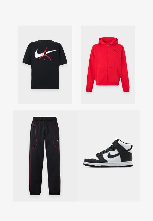Sweat à capuche rouge zippé intégral avec poches kangourou et logo Jumpman noir avec texte « AIR » sur le côté gauche de la poitrine, présenté sur un fond neutre.; T-shirt en coton noir à col rond, avec un grand logo Nike swoosh blanc et un logo Jumpman rouge accompagné du texte "AIR" en blanc.; Pantalon de sport noir avec passepoil rouge, taille et poignets élastiques, et petit logo blanc Jumpman sur la cuisse droite.; Baskets montantes noir et blanc avec tige en cuir, boîte à orteils perforée, logo swoosh proéminent et semelle en caoutchouc texturée.