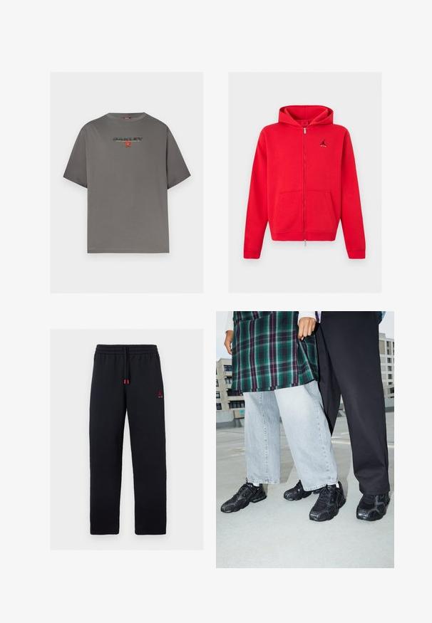 Sweat à capuche rouge zippé intégral avec poches kangourou et logo Jumpman noir avec texte « AIR » sur le côté gauche de la poitrine, présenté sur un fond neutre.; T-shirt gris à manches courtes avec le logo "OAKLEY" et un petit graphisme rouge centré sur la poitrine, présenté sur un fond blanc uni.; Pantalon de survêtement noir avec taille élastique et cordon, petit logo Jumpman rouge avec le texte "AIR" sur la cuisse gauche.; Baskets de sport noires avec des accents en mesh et en caoutchouc. Portées avec un jean large gris clair et un haut à carreaux vert. Fond à surface plane.