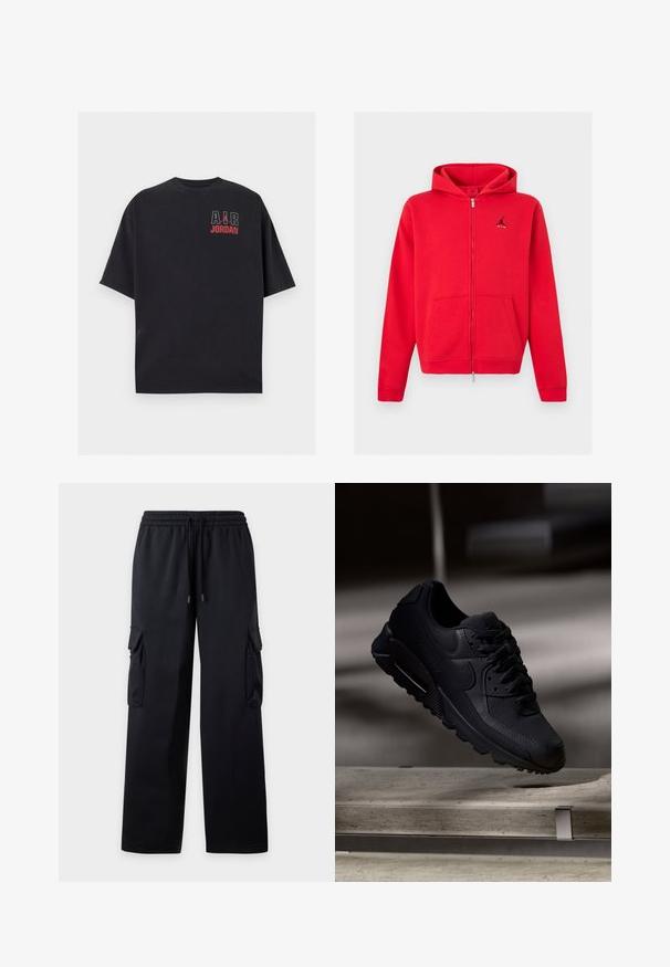 Rød hættetrøje med fuld lynlås med kængurulommer og sort Jumpman-logo med teksten "AIR" på venstre bryst, vist på en neutral baggrund.; Sort t-shirt med korte ærmer med "AIR" i hvid, rødt Jumpman-logo og "JORDAN" tekst i rødt på øverste venstre del af brystet.; Sorte vidde cargobukser med elastisk linning og snor, med klaplommer på begge lår.; Sorte Nike Air Max 90 sneakers med en tekstureret mesh-overdel, glatte læderdetaljer, polstret krave og synlig luftstød i sålen.