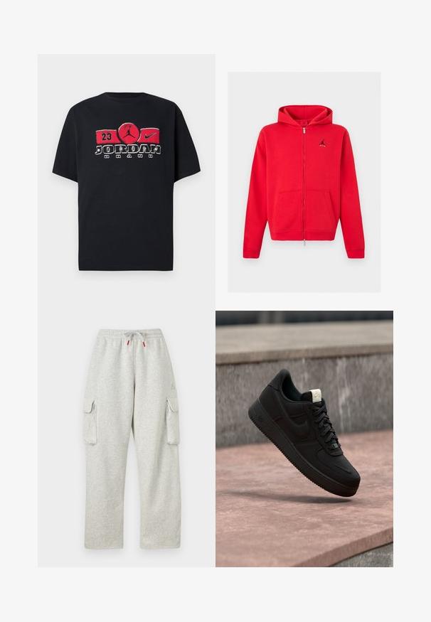 Sweat à capuche rouge zippé intégral avec poches kangourou et logo Jumpman noir avec texte « AIR » sur le côté gauche de la poitrine, présenté sur un fond neutre.; T-shirt noir à manches courtes avec un petit logo carré réfléchissant représentant la silhouette d'une personne sautant, centré sur la poitrine.; Pantalon de survêtement gris clair avec taille élastique, cordon avec embouts rouges et grandes poches à rabat sur les deux cuisses.; Baskets Nike Air Force 1 noires flottant au-dessus d’un rebord en béton rose avec un fond en pierre grise, montrant des détails latéraux et supérieurs.
