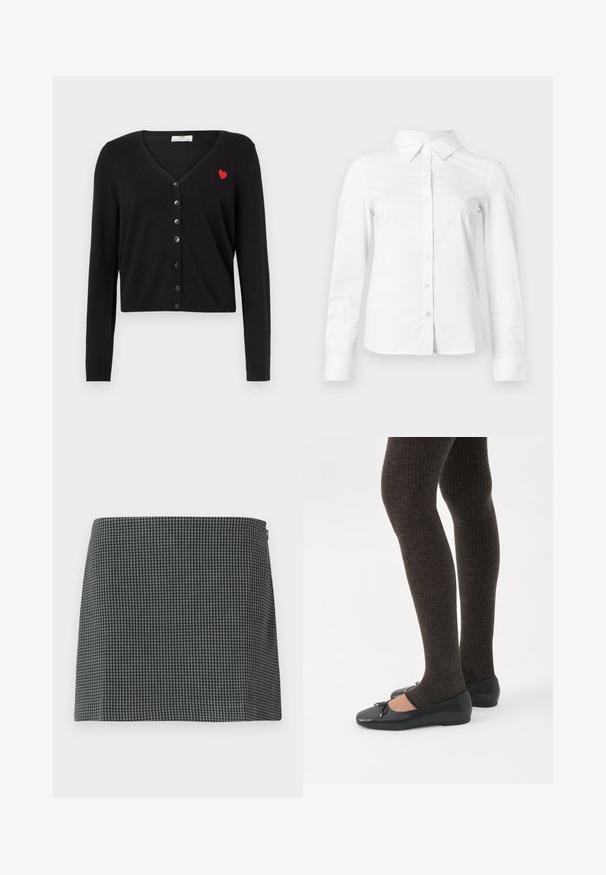 Cardigan noir avec col en V, manches longues et coupe courte. Présente une broderie de cœur rouge et une fermeture à boutons noirs sur le devant.; Chemise blanche à manches longues avec boutons, col pointu, ourlet droit et silhouette ajustée, présentée sur un fond clair uni.; Jupe en damier noir et blanc en tissu à la texture lisse. Présente une silhouette droite et une fermeture éclair sur le côté.; Jambes portant des leggings côtelés foncés associés à des ballerines noires avec de petits détails en nœud sur fond blanc.