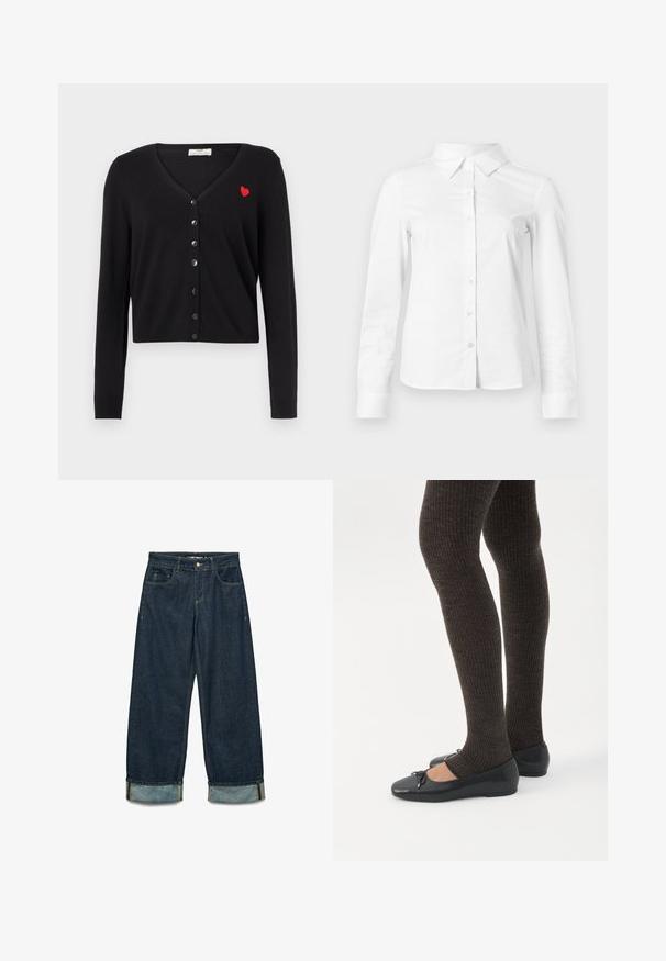 Cárdigan negro con cuello en V, mangas largas y diseño corto. Presenta un bordado de corazón rojo y cierre frontal con botones negros.; Camisa blanca de manga larga con botones, cuello puntiagudo, bajo recto y silueta ajustada, presentada sobre un fondo claro y liso.; Pantalones de mezclilla en azul oscuro con un corte holgado, que cuentan con puños enrollados, cinco bolsillos y detalles de costura en contraste.; Piernas con leggings oscuros acanalados combinados con bailarinas negras que presentan pequeños detalles de lazo sobre un fondo blanco.