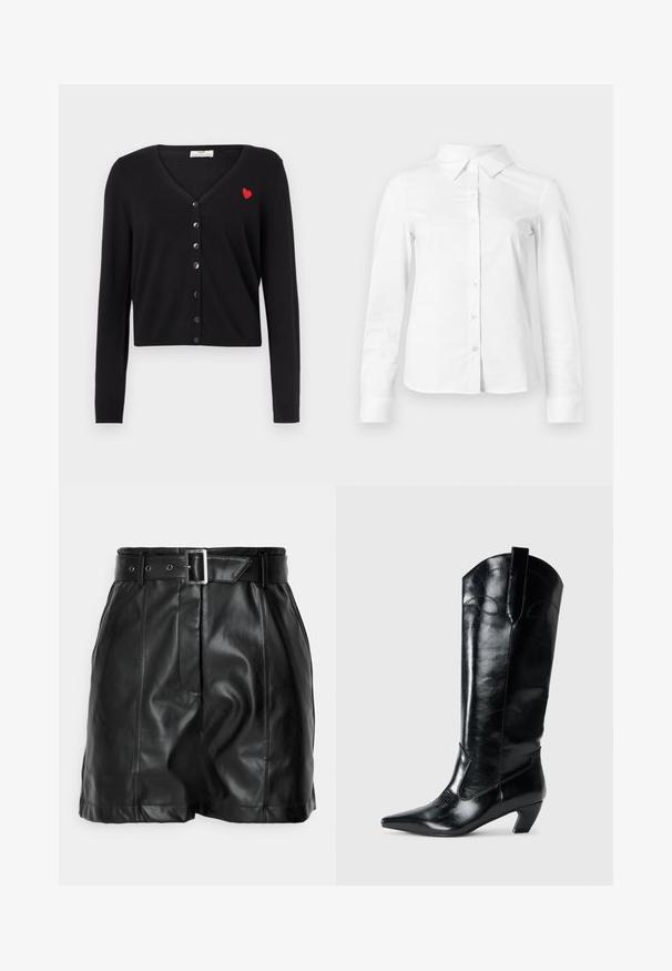 Cardigan noir avec col en V, manches longues et coupe courte. Présente une broderie de cœur rouge et une fermeture à boutons noirs sur le devant.; Chemise blanche à manches longues avec boutons, col pointu, ourlet droit et silhouette ajustée, présentée sur un fond clair uni.; Shorts en cuir noir avec une texture lisse, taille haute et une large ceinture avec une boucle rectangulaire en argent. Design plissé à l'avant.; Bottes en cuir noir montantes jusqu'au genou, avec une pointe effilée, un talon bas, et des détails de couture décoratifs sur les côtés. Fini lisse et brillant.