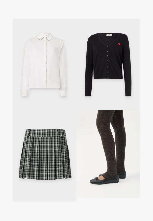 Cárdigan negro con cuello en V, mangas largas y diseño corto. Presenta un bordado de corazón rojo y cierre frontal con botones negros.; Camisa blanca de manga larga con collar puntiagudo y ribetes en contraste a lo largo de los bordes, abotonada por delante. Diseño simple y elegante.; Falda plisada de cuadros en blanco y negro con una cintura suave y múltiples pliegues verticales. Fabricada en un tejido ligero.; Piernas con leggings oscuros acanalados combinados con bailarinas negras que presentan pequeños detalles de lazo sobre un fondo blanco.