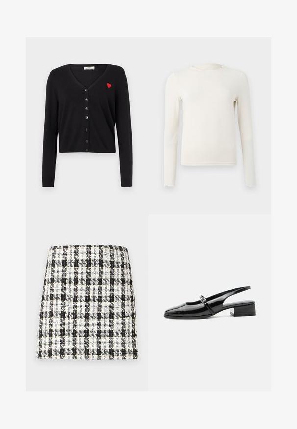Cardigan noir avec col en V, manches longues et coupe courte. Présente une broderie de cœur rouge et une fermeture à boutons noirs sur le devant.; Haut ajusté à manches longues de couleur crème avec un col ras du cou à volants et un ourlet, présenté sur un fond gris clair uni.; Jupe à carreaux noir et blanc en tissu texturé, dotée d'un design structuré avec une coupe droite et des détails minimalistes.; Chaussure slingback en cuir verni noir avec un petit talon bloc et une fine bride avec une boucle argentée sur le dessus.