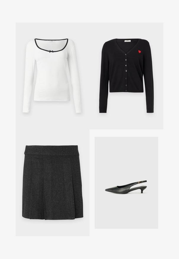Cardigan noir avec col en V, manches longues et coupe courte. Présente une broderie de cœur rouge et une fermeture à boutons noirs sur le devant.; Chemise blanche à manches longues avec un col carré, finition noire et un petit détail de nœud noir au centre. Tissu à côtes texturé.; Jupe noire plissée en tissu texturé. Ceinture mi-haute avec des lignes épurées. Coupe classique adaptée à diverses occasions.; Chaussure slingback noire à bout pointu en cuir lisse. Présente un talon fin et un détail de boucle sur la sangle réglable.
