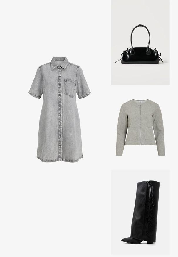 Lichtgrijze, lange mouwen jas met rits, ronde halslijn en twee voorzakken, gemaakt van zachte, gestructureerde stof.; Grijze denim jurk met een knoopsluiting aan de voorkant, kraag, korte mouwen en een borstzak. Heeft een licht vervaagde textuur.; Zwarte leren kniehoge laars met spits toelopende neus en decoratieve franjes langs de buitenkant tegen een effen witte achtergrond.; Kleine zwarte glanzende handtas met twee lange hengsels en zijkant trekkoord details op een effen lichte achtergrond.