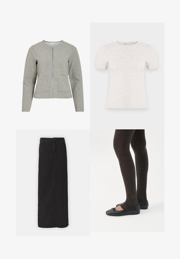 Veste gris clair à manches longues avec fermeture éclair, col rond et deux poches avant, confectionnée en tissu doux texturé.; T-shirt gris clair à manches courtes en tissu côtelé avec un col rond. Design simple, texture lisse, sans motifs ni accents visibles.; Jupe maxi en denim noir avec une coupe droite, poches avant, passants de ceinture et fermeture à bouton unique à la taille. Texture de tissu lisse.; Jambes portant des leggings côtelés foncés associés à des ballerines noires avec de petits détails en nœud sur fond blanc.