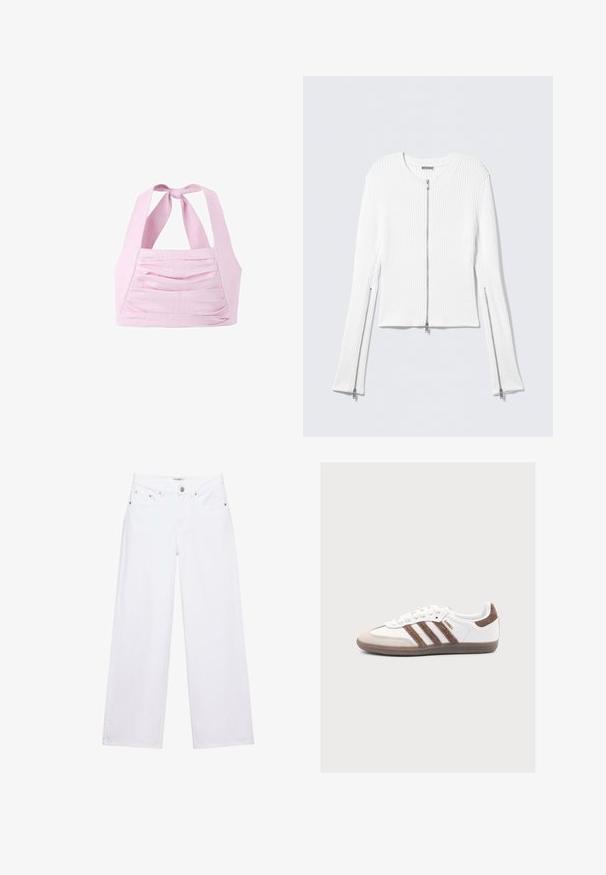 Veste en maille côtelée blanche avec col rond, coupe courte, et fermetures éclair argentées sur le devant et les côtés des manches longues.; Top court licou rose clair avec un nœud noué au niveau du cou et un détail en tissu plissé horizontal à l'avant.; Jean blanc taille haute à jambes larges avec fermeture à boutons et zip, poches avant et arrière, et détails en rivets argentés.; Baskets blanches Adidas Samba avec des bandes en daim marron, un bout en daim marron et une semelle en gomme sur fond gris clair.