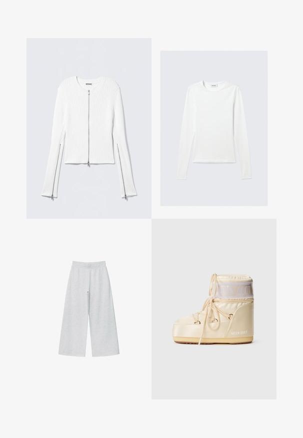 Veste en maille côtelée blanche avec col rond, coupe courte, et fermetures éclair argentées sur le devant et les côtés des manches longues.; T-shirt blanc uni à manches longues avec col rond et coupe slim, présenté sur un fond gris clair.; Pantalons larges gris clair en tissu doux avec une taille élastique. Le design présente une coupe ample pour un confort et une liberté de mouvement.; Botte d'hiver rembourrée de couleur crème avec une semelle épaisse, un devant à lacets et un logo "MOON BOOT" sur le côté et le haut de la manche.