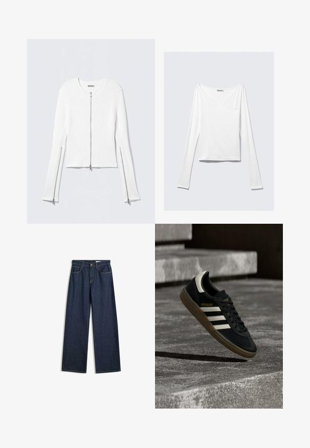 Veste en maille côtelée blanche avec col rond, coupe courte, et fermetures éclair argentées sur le devant et les côtés des manches longues.; Haut blanc à manches longues avec un design croisé et une poche. Fabriqué dans un tissu lisse et extensible. Coupé dans une coupe décontractée et ample.; Jean en denim sombre à jambes larges avec cinq poches, coutures visibles et fermeture à bouton. Présente une coupe droite et un léger effet vieilli.; Baskets Adidas noires avec des bandes blanches et une semelle en gomme flottant au-dessus d'escaliers en béton gris sous une lumière naturelle.