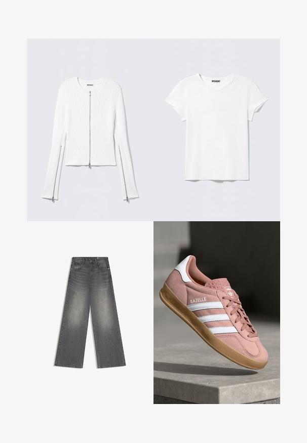 Hvid ribstrikket jakke med rund hals, kort design og sølv lynlåse foran og i siden på lange ærmer.; Enkelt hvid T-shirt med korte ærmer og V-hals, med et lille "WEEKDAY" mærke indeni kraven, vist mod en lysegrå baggrund.; Grå denimjeans med vide ben og høj talje, med falmede detaljer, frontknap og lynlås samt lommer, på en hvid baggrund.; Rosa ruskinds sneaker med hvide striber, gummisål, tekstureret overdel og logo på tungen. Klassisk low-top design.
