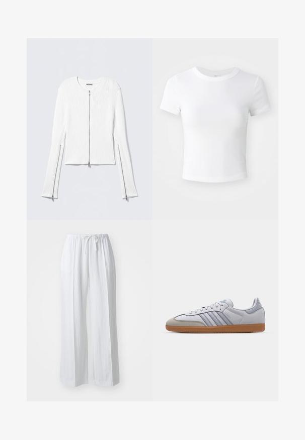 Chaqueta blanca de punto acanalado con cuello redondo, diseño corto y cremalleras plateadas delanteras y laterales en las mangas largas.; Camiseta corta de manga corta blanca, con cuello redondo, exhibida sobre un fondo neutral claro.; Pantalones blancos de pierna ancha con cinturilla ajustable. Hechos de una tela ligera, con una textura suave y un diseño minimalista.; Zapatillas de cuero blanco con acentos en azul claro, puntera de ante gris y suela de goma marrón. Presentan tres rayas azules y la marca "Samba".