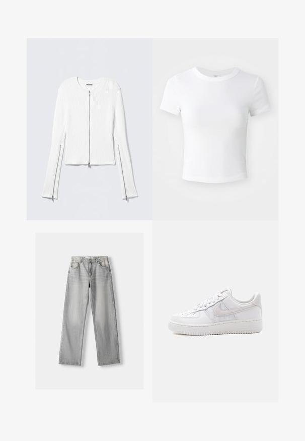 Weiße, gerippte Strickjacke mit rundem Halsauschnitt, kurzem Schnitt und silbernen Reißverschlüssen vorne und an den Seiten der langen Ärmel.; Weißes, kurzärmeliges, cropped T-Shirt mit Rundhalsausschnitt, auf einem neutralen, hellen Hintergrund präsentiert.; Helle graue Jeans aus Denim mit geradem Bein, ausgestattet mit zwei vorderen Taschen, einem Knopfverschluss und subtilen Abnutzungen für Struktur.; Weißer Nike Air Force 1 Sneaker mit niedrigem Schaft, weißen Schnürsenkeln, Perforationen an der Zehenkappe und einem Mesh-Einsatz hinter dem Nike-Swoosh-Logo.
