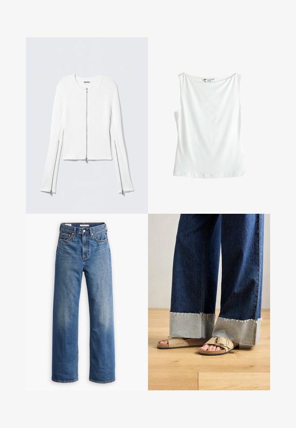 Chaqueta blanca de punto acanalado con cuello redondo, diseño corto y cremalleras plateadas delanteras y laterales en las mangas largas.; Top blanco sin mangas de algodón con escote barco y una pequeña etiqueta de la marca "NEXT" en la parte trasera del cuello.; Vaqueros de mezclilla azul claro con cintura alta, diseño de pierna ancha, estilo clásico de cinco bolsillos y un sutil desgaste en la tela.; Pies con sandalias Birkenstock beige con hebillas de oro, combinadas con jeans de mezclilla azul oscuro enrollados en los puños, de pie sobre un suelo de madera.