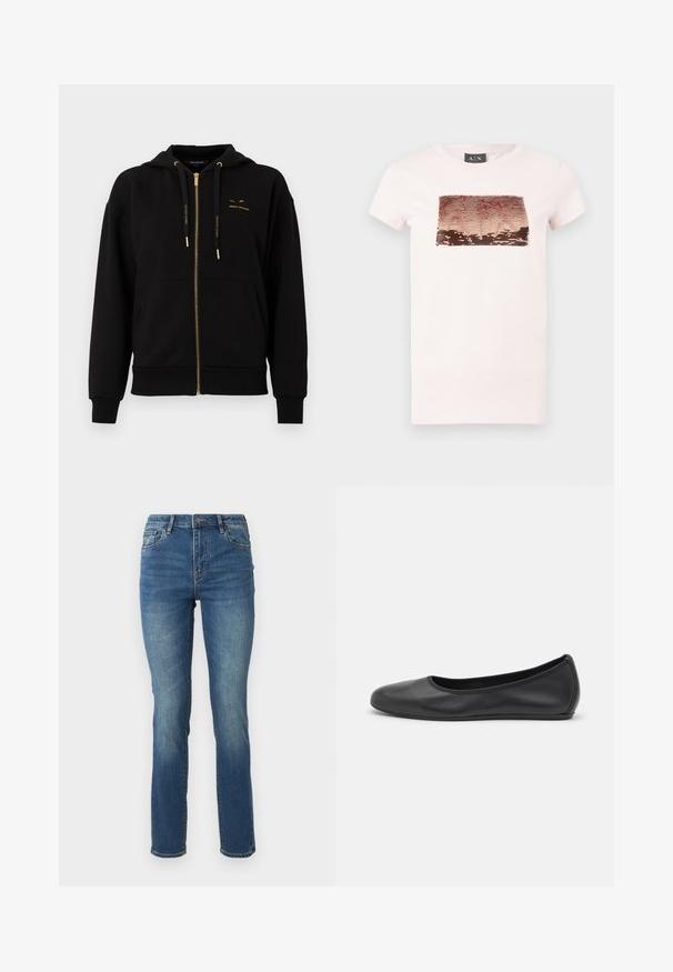 Sort zip-up hættetrøje lavet af blødt stof. Har guld accenter, snoretræk i hætten og et lille logo på brystet. Ribbestrikkede manchetter og kant.; Lyserød t-shirt med korte ærmer, dekorert med en rektangulær design af reversibel paljetter i rosaguld og brunt på brystet samt rund halsudskæring.; Mellem-høje, blå denim jeans med lige ben, der har en glat tekstur, subtil falming og klassisk fem-lomme design med knaplukning.; Sort læderballetsko med rund tå, glat tekstur, minimal syning og et fleksibelt såldesign.