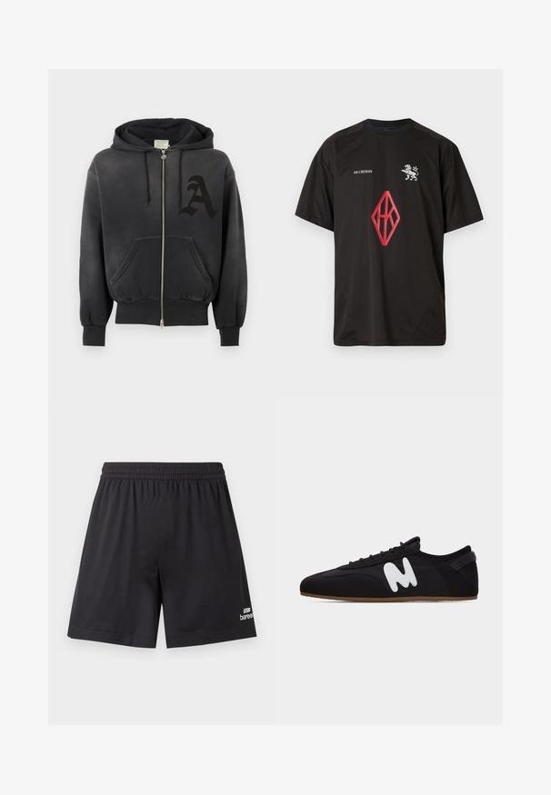 Sweat à capuche noir zippé avec poches avant, capuche à cordon et une grande lettre stylisée "A" foncée sur le côté gauche de la poitrine.; T-shirt noir à manches courtes en tissu léger, avec un emblème de lion et un logo en forme de losange rouge sur le devant.; Shorts de sport en mesh noir avec taille élastique et logo blanc de la marque "baree" près de l'ourlet bas sur la jambe droite.; Baskets basses noires avec une semelle fine marron et un logo stylisé "M" blanc sur le côté, vues de gauche.
