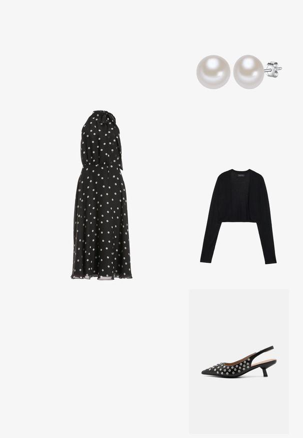 Sort cropped cardigan med lange ærmer, fremstillet af let strikket stof. Har åben frontdesign og rundede kanter.; Sort ærmeløs midi kjole med hvide polkaprikker, høj hals med bindebånd og rynket talje.; Sort slingback hæl med spids tå, pyntet med sølvnitter, med en lav blokhælkonstruktion og en glat lædertekstur.; Perleøreringe med runde, glatte, hvide perler monteret på sølvstifter. Har en poleret overflade og sikre lukninger bagpå.