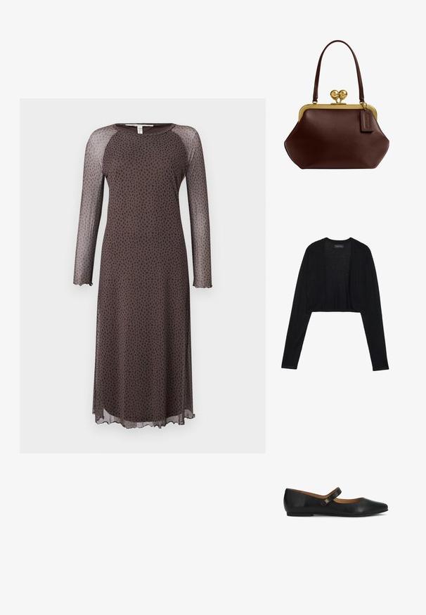 Cárdigan negro corto con mangas largas, hecho de una ligera tela de punto. Presenta un diseño de abertura frontal y bordes redondeados.; Vestido midi marrón con mangas largas y transparentes, que presenta un patrón de puntos negros dispersos, escote redondo y dobladillo con forma de ondas. Textura suave.; Zapato plano Mary Jane de cuero negro con una sola correa y un pequeño detalle de logotipo dorado en la correa, diseño de punta almendrada y tacón bajo.; Bolso de cuero marrón oscuro con marco y cierre de metal dorado, una correa de hombro y etiqueta rectangular de cuero adjunta.