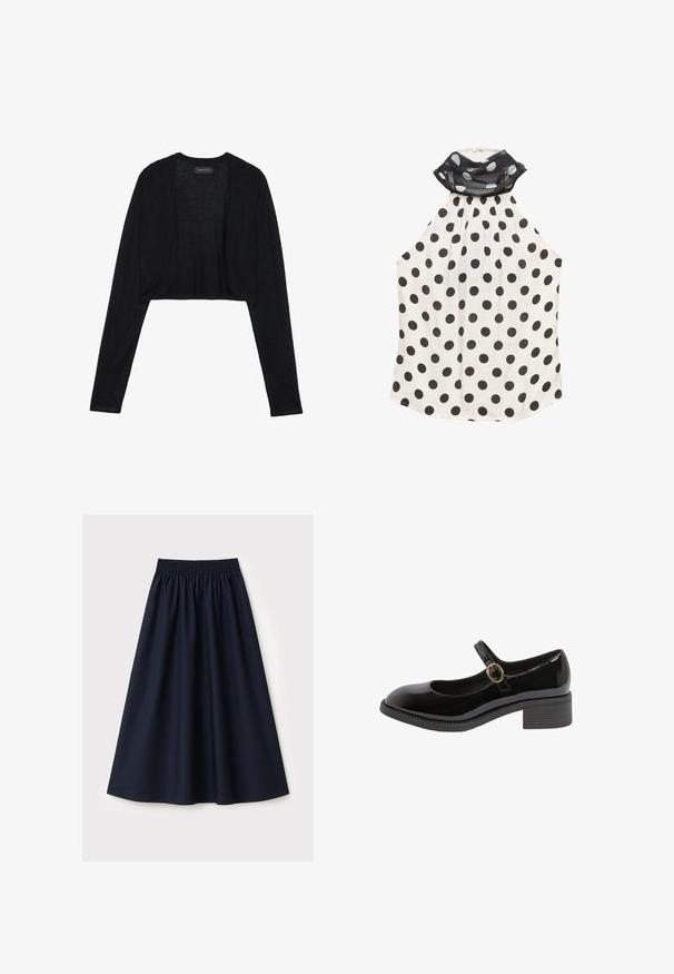 Sort cropped cardigan med lange ærmer, fremstillet af let strikket stof. Har åben frontdesign og rundede kanter.; Ærmeløs hvid halterneck-top med store sorte polkaprikker og et gennemsigtigt sort tørklæde med polkaprikker omkring halsen.; Mørkeblå nederdel lavet af glat stof med elastisk taljebånd, udvidet design og knælængde. Ingen mønstre eller detaljer synlige.; Sort patentlæder Mary Jane-sko med lav blokhæl og en guldbeklædt spænde hen over toppen.