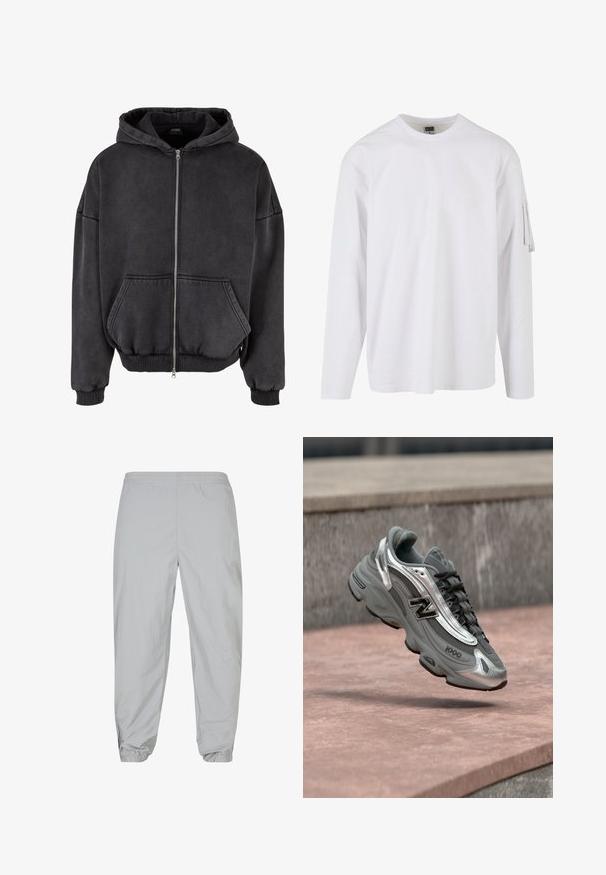 Tumedast hallist pehmest kangast kapuutsiga zip-up kapuuts. Omab esist kinkepakki, ribakäiseid ja -ääri ning lipsuga kapuutsi.; Valge pikkade varrukatega T-särk, mis on valmistatud pehmest kangast, ümmarguse kaelusega ja vasakus varrukas on lukuga tasku.; Heledad hallid jooksupüksid kergekaalulisest kangast. Elastne vöökoht ja mansetid, millel on tõmbluku aksessuaare pahkluude juures. Sile tekstuur.; Hall ja hõbedane New Balance toss "1000" logoga, hõljuv roosaka tooniga kivipinnal, taustal hall kivimüür.