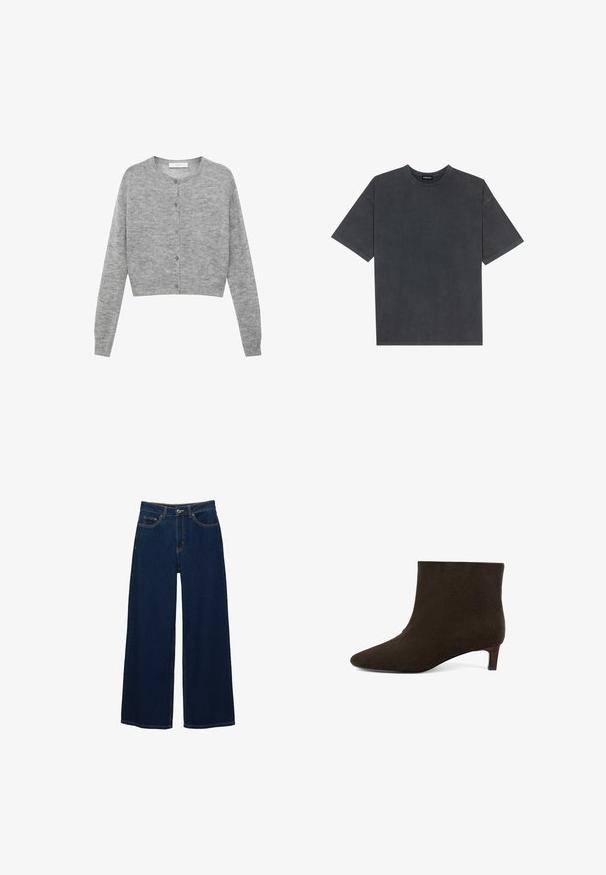 Graue, kürzere Strickjacke aus weichem Material mit langen Ärmeln, rundem Ausschnitt und Knopfleiste vorne.; Graues Baumwoll-T-Shirt mit kurzen Ärmeln, Rundhalsausschnitt und unstrukturiertem Schnitt. Glatte Textur mit subtilen Farbvariationen.; Dunkelblaue Jeans mit weitem Bein aus Denim; mit Taschen vorne und Knopfverschluss; auffällige Nähte entlang der Nähte; keine Muster oder Verzierungen.; Braune Wildleder-Stiefelette mit spitzem Zehenbereich und niedrigem Kittenabsatz. Glatte Textur, nahtloses Design und minimalistischer Stil.