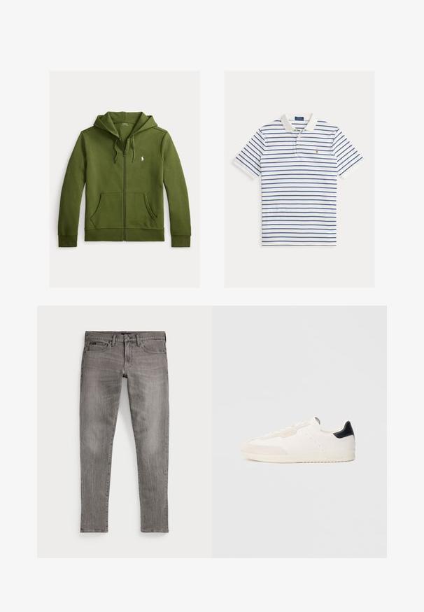 Sudadera con capucha verde con cremallera, confeccionada en algodón suave. Cuenta con capucha con cordón, bolsillos delanteros, puños acanalados y un pequeño logo bordado en el pecho.; Polo blanco con rayas horizontales azules, mangas cortas, tapeta de tres botones y un pequeño logo bordado en el pecho izquierdo.; Jeans de mezclilla gris, ajuste slim, con piernas rectas. Presentan un diseño clásico de cinco bolsillos, detalles de costura y una ligera textura descolorida.; Zapatillas blancas de cuero con detalles en ante, con una lengüeta negra en el talón, diseño con cordones, detalles perforados y marca sutil en el lateral.